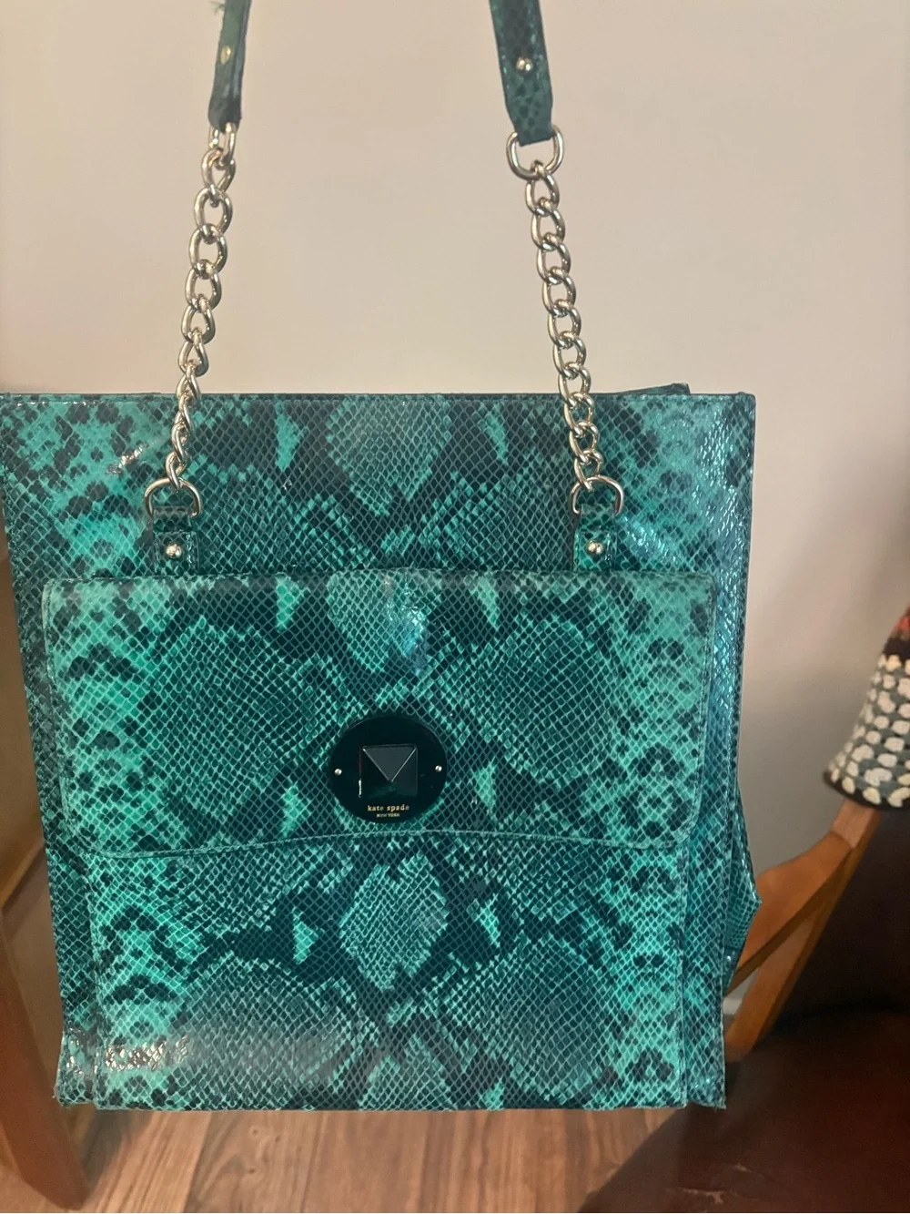 kate spade Teal Snake-Print Chain Strap Tote
